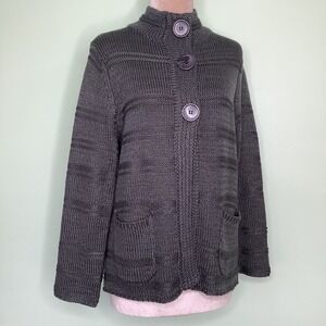 LH Sport Oversized Snap Button Cable Knit Sweater Cardigan Mock Neck Gunmetal